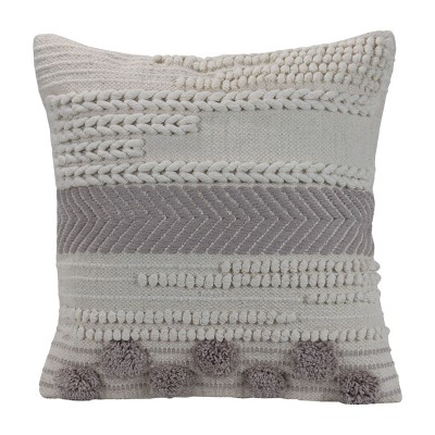 Striped Hand Woven 18x18" Decorative Cotton Throw Pillow with Hand Braided Accents and Pom Poms - Foreside Home & Garden
