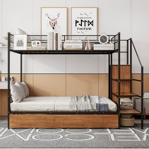 NicBex Twin Over Full Metal Bunk Bed,Versatile Loft Bed with Lateral Storage Ladder and Wardrobe for Bedroom,Black/White - 1 of 4