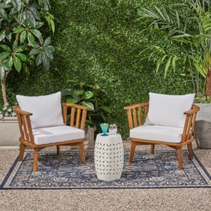 Christopher Knight Home Polmer Outdoor Acacia Wood and Iron 3 Piece Club Chair Chat Set with Cushions - 1 of 4