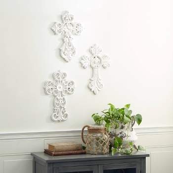 Set of 3 Wooden Cross Carved Cross Wall Decors White - Olivia & May