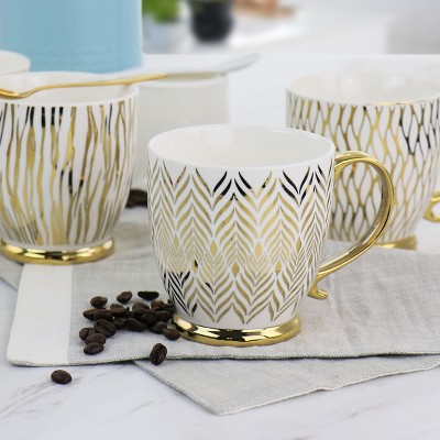 Gold Electroplated Fine Ceramic Mug Set, 4-Piece, White and Gold