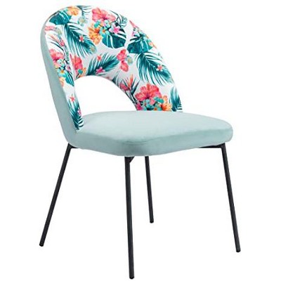 Green Velvet and Floral Print Side Chair with Metal Legs