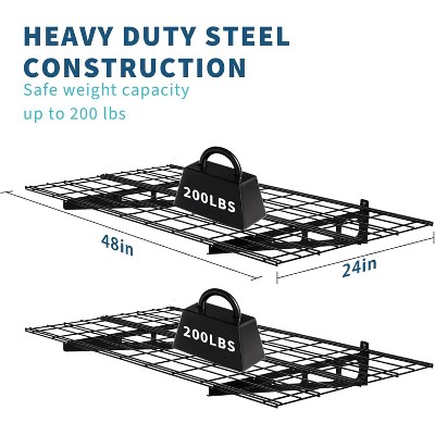 2Pcs Black Grid Wall Shelves, 800 lbs Industrial Steel Frame, Detachable Anti-Slip Storage Rack with Hooks for Garage, Kitchen, Utility Room& Laundry