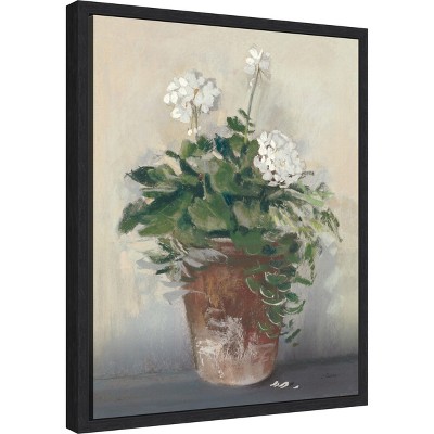 White Geraniums in Terracotta Pot Canvas Wall Art with Black Frame