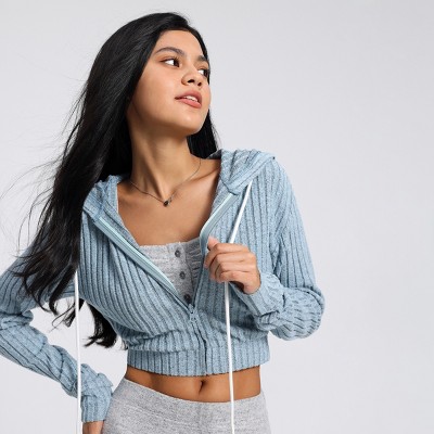 Women s Rib Knit Cropped Hoodie Wild Fable