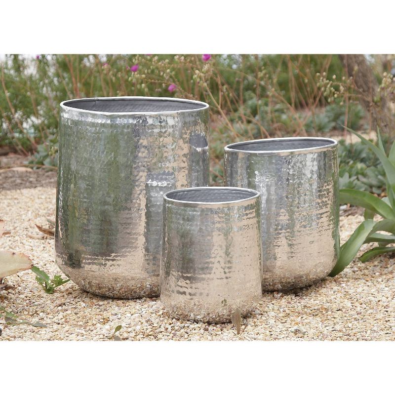 Set of 3 Contemporary Aluminum Pot Planters Silver - Glamorous Indoor/Outdoor Decor, Lightweight, Hammered Design - Olivia & May, 3 of 18