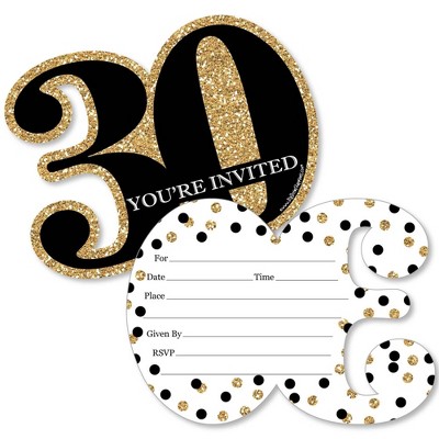 Big Dot of Happiness Adult 30th Birthday - Gold - Shaped Fill-In Invitations - Birthday Party Invitation Cards with Envelopes - Set of 12