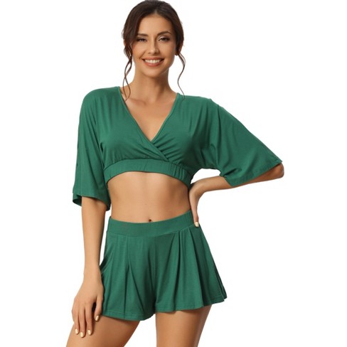 Cheibear Women's V Neck Yoga Flare Sleeve Crop Shirt And Shorts 2 Pieces Pajama  Set Loungewear Green X-small : Target