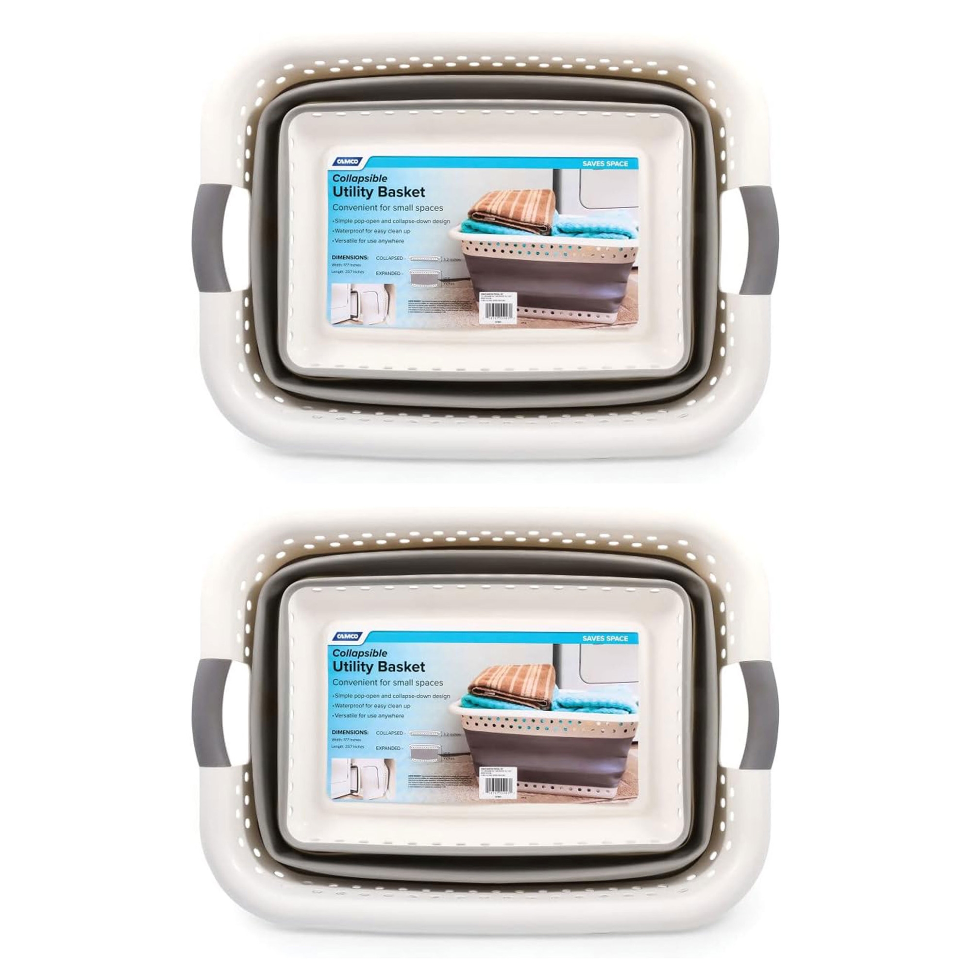 Camco Collapsible Laundry Basket, Plastic Bin with Handles, Large, White, 2 Pack
