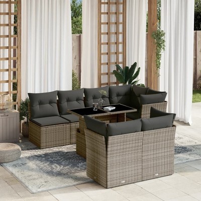 vidaXL Patio Sofa Set with Cushions Outdoor Furniture 8 Piece Poly Rattan - Gray