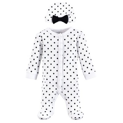 Hudson Baby Infant Girls Thermal Preemie Sleep and Play and Cap Set, Black White Dots, Preemie