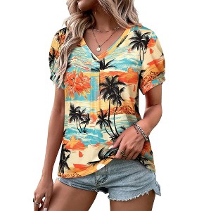 Nlife Womens Puff Short Sleeve Hawaiian Shirts Floral Tropic Printed Pleated V Neck Summer Casual T-Shirt Trendy Boho Blouses Tops - 1 of 4