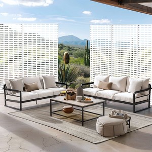 PexFix 72 x 47 Inch Lattice Design Metal Privacy Screen Freestanding Outdoor Divider Panel for Patio Deck Balcony Heavy Duty Base Weatherproof White - 1 of 4