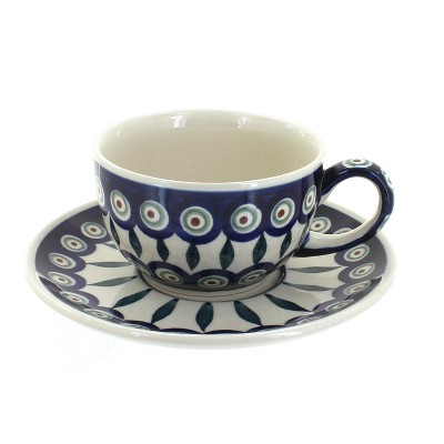 Blue Rose Polish Pottery Peacock Cup & Saucer