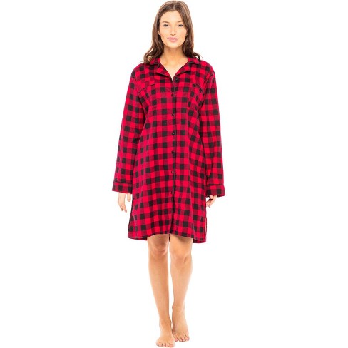 ADR Women's Cotton Flannel Sleep Shirt, Button Down Nightshirt, Nightgown  Red Buffalo Check Plaid Medium