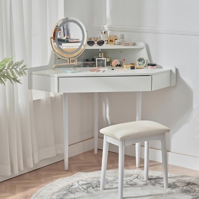 Corner Makeup Vanity Set with Stool Compact Vanity Desk Dressing Table with 360° Lighted Mirror, Drawer and Storage Cabinet, Walnut/White-ModernLuxe