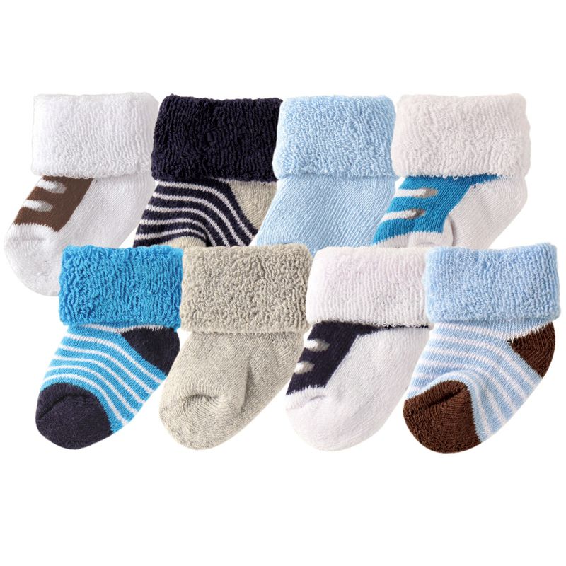 Luvable Friends Baby Boy Newborn and Baby Terry Socks, Blue Brown, 1 of 3