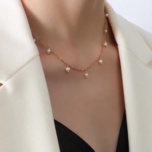 HTUTWOO Vintage Elegance Adjustable Freshwater Pearl Necklace- 18K Gold-Plated Titanium Steel Layering Chain Jewelry For Women - 1 of 4