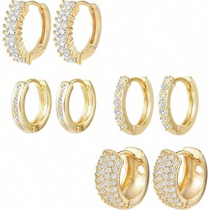 Small gold hoop earrings set for women with diamond pave and sterling silver posts. - 1 of 4