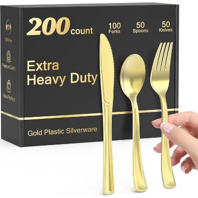 Attop 200 Count Heavy Duty Gold Plastic Silverware Disposable Plastic Utensils Set Cutlery Set