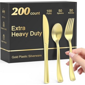 Attop 200 Count Heavy Duty Gold Plastic Silverware Disposable Plastic Utensils Set Cutlery Set - 1 of 4