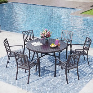 Captiva Designs 7pc Black Round Slatted Steel Table with Umbrella Hole& Metal Armrest Chairs - 1 of 4