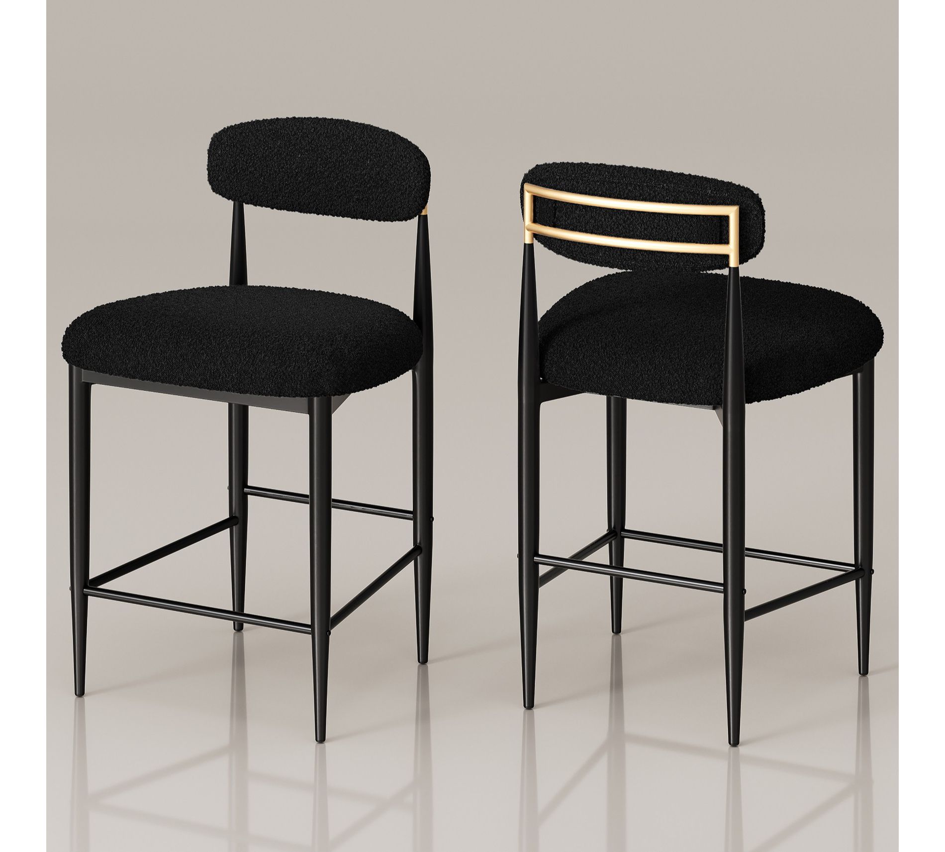 BLACK Lamb's Wool-Like Boucle Fabric Bar Stools Set of 2 with Mid-Century Modern Upholstered Seats for Cafe, Kitchen Island