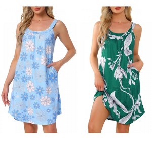 INSPIRE CHIC Women's 2 Pcs Sleeveless Printed Scoop Neck Tank Broad-Strap Nightgown with Pockets - 1 of 4