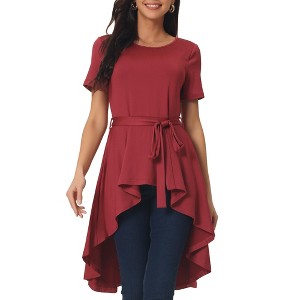Seta T Women's Round Neck Tie Waist Asymmetrical Irregular Hem Short Sleeve Tops - 1 of 4