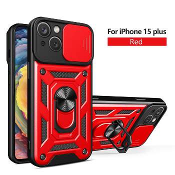 Reiko Kickstand Ring Holder with Slide Camera Cover TPU Magnetic Car Mount for APPLE IPHONE 15 PLUS In Black