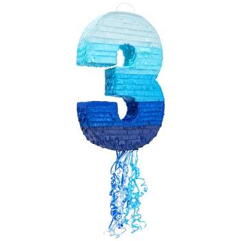 Blue Panda Number 3 Pull String Pinata for Boys 3rd Birthday Party Decorations, Ombre Blue, 16.5 x 11 x 3 In