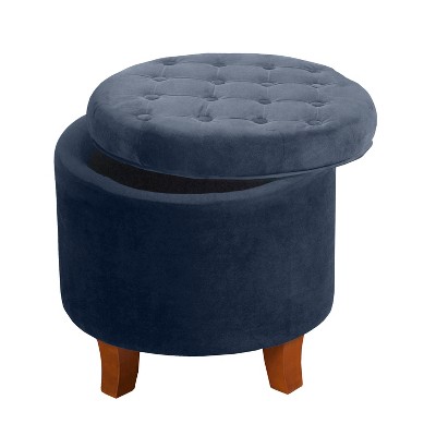 Navy Velvet Round Tufted Ottoman with Rustic Wood Legs