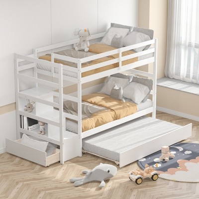 Costway Twin Over Twin Bunk Bed with Trundle Stairway and Storage Shelf Drawer White