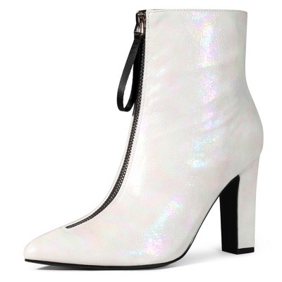 Perphy Women's Pointed Toe Front Zip Chunky Heel Ankle Booties