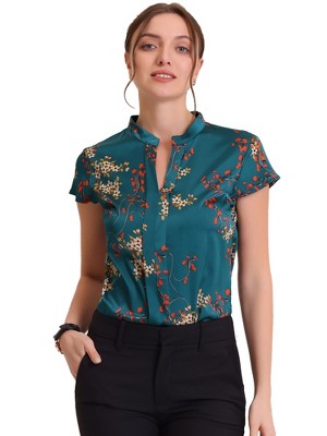 INSPIRE CHIC Women's Satin Stand Collar Work Cap Sleeve Floral Blouse
