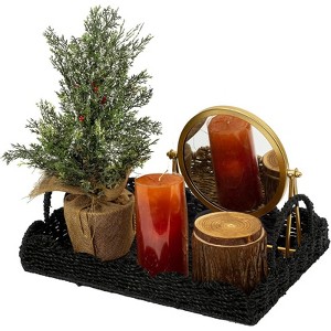 BRINJOY 14" Woven Seagrass Tray with Scalloped Edge - Bohemian Decorative Tray with Handles for Coffee Table Ottoman Festive Decor, Black - 1 of 4