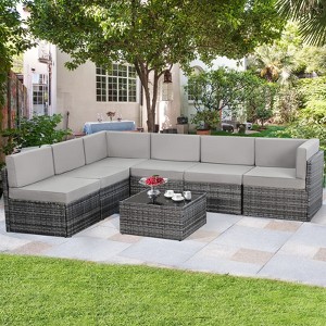 COWLOWN 7 Piece Outdoor Patio Furniture Set, Outdoor Sectional with Rattan Chairs, Glass Table, Wicker Conversation Seating - 1 of 4