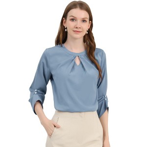 INSPIRE CHIC Women's Work Office Keyhole Pleated Front Ruched 3/4 Sleeve Chiffon Blouse - 1 of 4