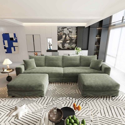 102.4 Inch Convertible Lounge Sofa with 2 Ottomans, 4-Seat Cloud Couch with Cushions, Corduroy Lounge Sofa with Wood Frame-Coolbibila