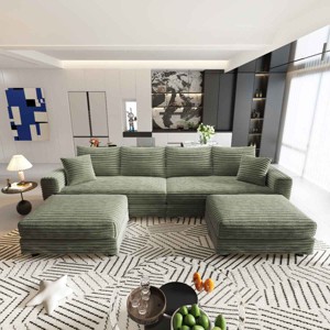 102.4 Inch Convertible Lounge Sofa with 2 Ottomans, 4-Seat Cloud Couch with Cushions, Corduroy Lounge Sofa with Wood Frame-Coolbibila - 1 of 4