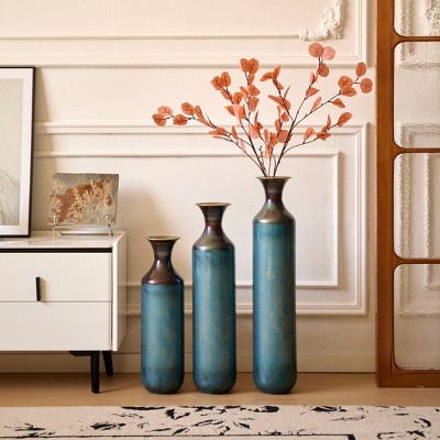 Dolonm 20.4"/24.4"/28.34"  3-Pc Modern Droplet Floor Vase Set - Glazed Metal, Large Vases  for Home Decor