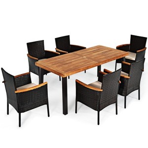 Costway 7PCS Patio Rattan Dining Set Chair Cushion Acacia Wood W/Umbrella Hole - 1 of 1