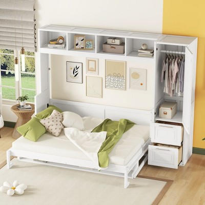NicBex Queen Size Murphy Bed Wooden Frame Murphy Bed Cabinet Wall Bed with Closet, 2 Drawers and Shelves for Bedroom