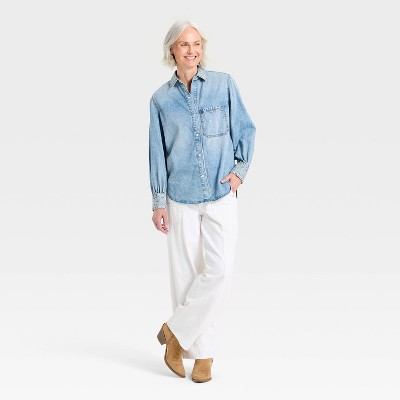 Women's Embroidered Denim Shirt - Universal Thread™ Medium Wash