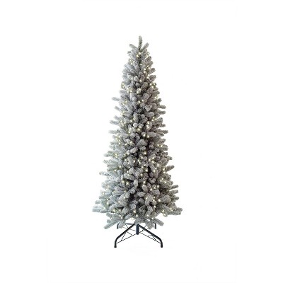 King Of Christmas Pre-lit Slim Flocked Artificial Christmas Tree, King Flock Skinny Christmas Tree with Lights