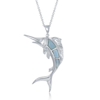 Caribbean Treasures Sterling Silver Larimar Marlin Fish 18" Pendant Necklace - Blue