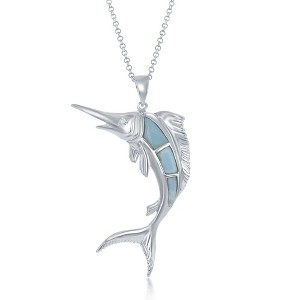 Caribbean Treasures Sterling Silver Larimar Marlin Fish 18" Pendant Necklace - Blue - 1 of 2