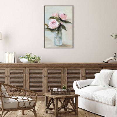 Large Pale Pink Peony Blossoms in Blue Vase Canvas Print