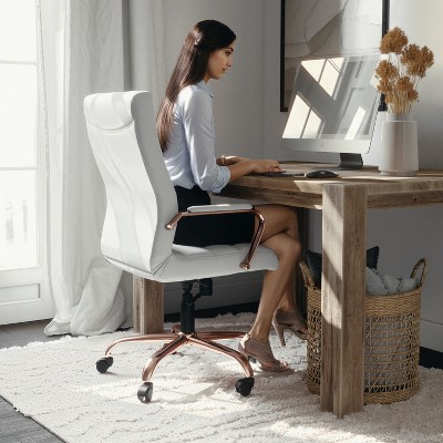 White LeatherSoft High Back Executive Swivel Chair with Rose Gold Metal Frame