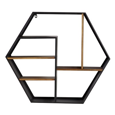 Square Black Wall Unit with Shelves Metal and Wood Multi Section